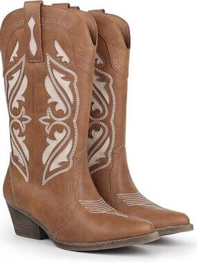 Women's Brown Synthetic Stitched Shoes Pointed Chunky Heel Classic Cowgirl Boots